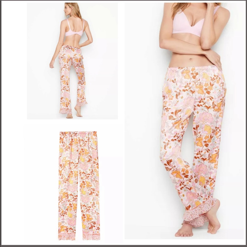 VS Satin Lounge Floral Sleep Pants w/ Pockets L